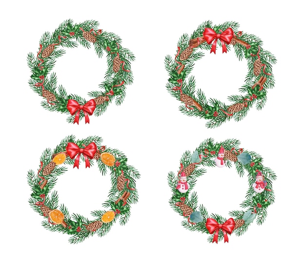 Des couronnes de pins de Noël en aquarelle avec des cônes et des décorations isolées sur fond blanc