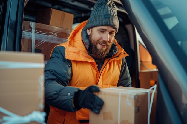 Le courrier charge le van avec des colis.