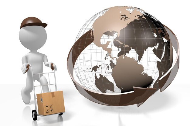 Courrier avec colis Earth global delivery concept 3D illustration