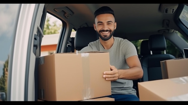 Un courrier efficace gère habilement les boîtes de carton et les paquets dans son automobile