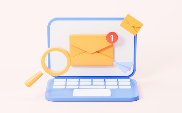 Le courrier électronique et l'ordinateur portable sur le fond jaune vérifient le rendu 3D du courrier électronique