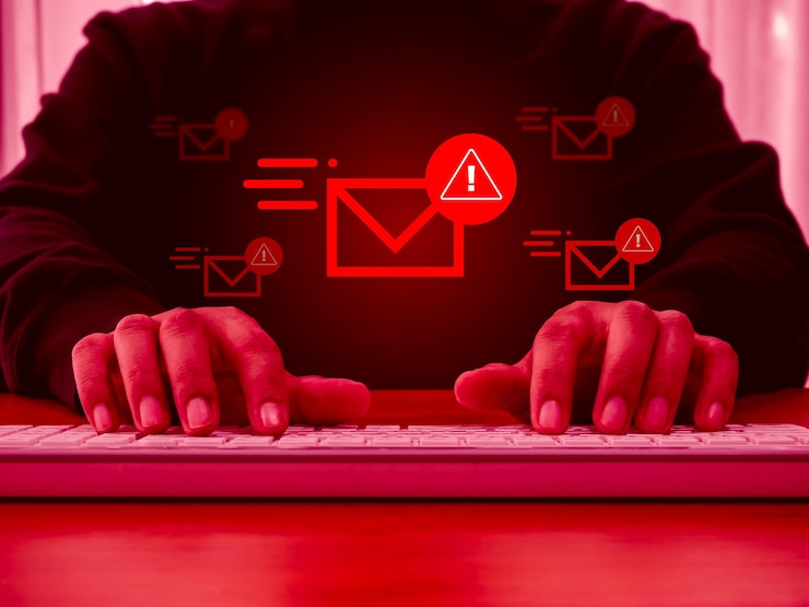 Photo courrier électronique et sms spam faux message texte phishing envoyé par un escroc ou un concept de pirate informatique de nombreuses alertes d'avertissement rouges avec l'icône de l'enveloppe courrier électronique piratage escroquerie malware diffusion de virus affichant sur l'écran de l'ordinateur