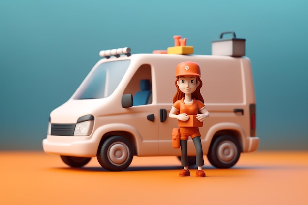 Courrier femme 3D avec sa voiture de véhicule