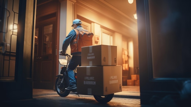 Courrier génératif AI livrant des colis de la voiture à un immeuble résidentiel en utilisant un chariot ou un chariots pour transporter plusieurs colis