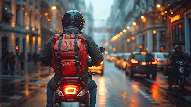 Un courrier de livraison de nourriture sur une moto avec un sac à dos rouge transporte rapidement de la nourriture aux clients