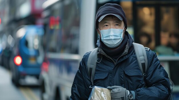 Un courrier livre des colis en utilisant un camion et prend des précautions en portant un masque facial pour