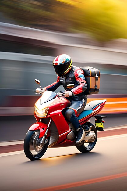 Un courrier sur une moto en mouvement flou