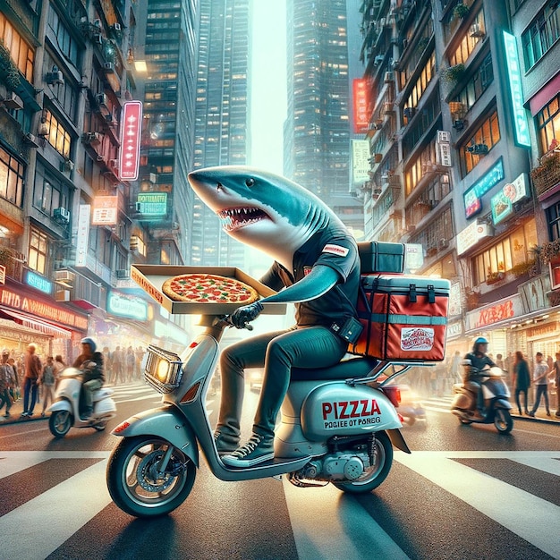 Photo un courrier requin livre une pizza sur un scooter.