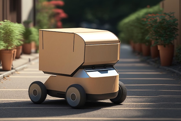 Courrier robot minimaliste moderne avec conteneur de fret garé sur la route dans la rue Technologie de service de livraison robotique de l'avenir AI générative