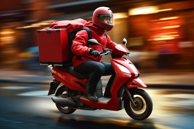 Photo un courrier en scooter avec un sac à dos rouge se dépêche de livrer des commandes de nourriture