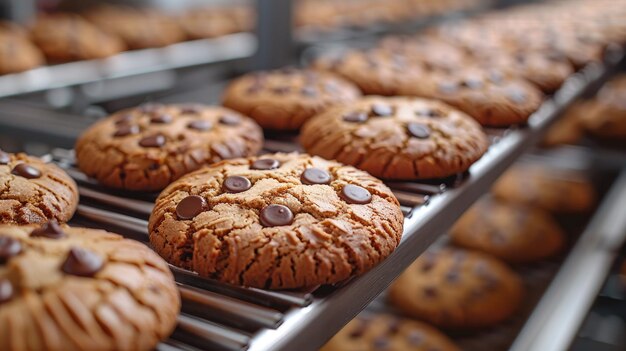 Une courroie transportatrice transportant des biscuits fraîchement cuits dans une usine.