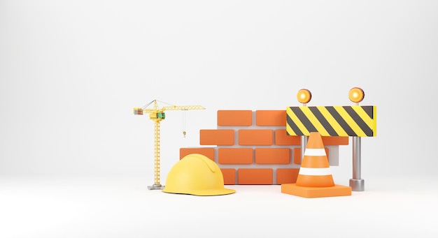 En cours de construction avec un symbole d'arrêt de l'ouvrier ou un panneau de signalisation routière et un fond blanc3D