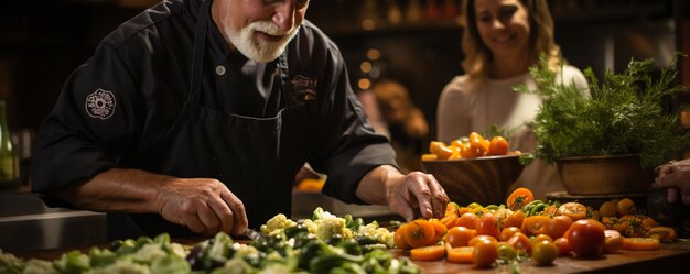 Photo le cours de cuisine chefled enseigne aux participants comment faire des papiers peints