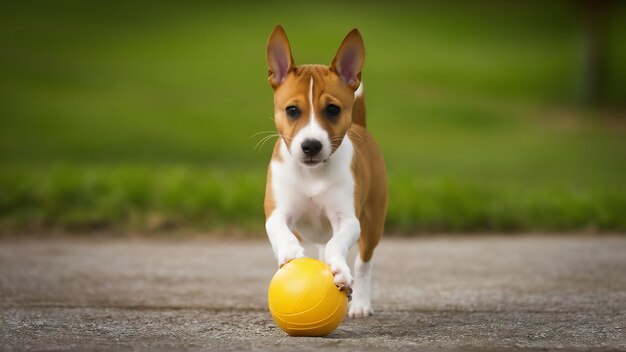 Photo cours mignon mignon chiot de basenji mignon chien ou animal de compagnie posant avec la balle isolée sur le mur blanc