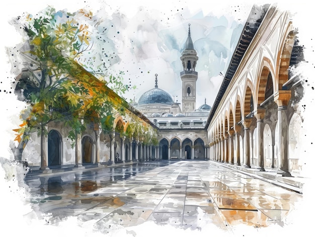 Photo des cours tranquilles de la mosquée omayyade illustration d'une ia générative