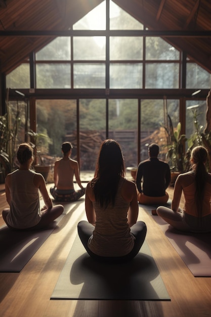 Cours de yoga dans le studio de yoga rempli de lumière naturelle Concept de santé mentale pour les soins personnels
