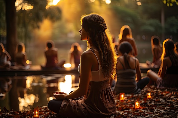 Un cours de yoga en plein air entouré de nature générative IA