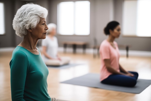 Cours de yoga privé de méditation et femmes dans une salle de sport pour un exercice de bien-être créé avec une IA générative