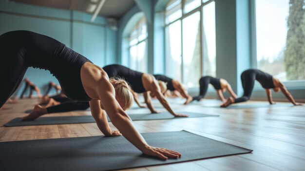 Le cours de yoga se concentre sur une femme avec d'autres en arrière-plan pratiquant