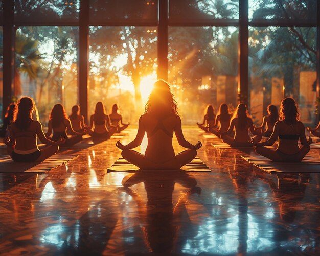 Photo un cours de yoga serein dans un centre de bien-être éclairé par le soleil