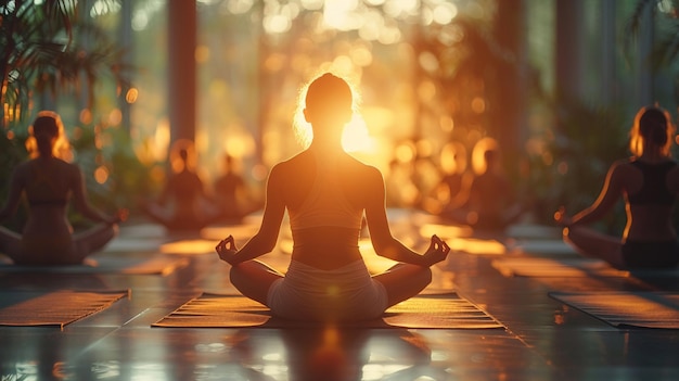 Un cours de yoga serein dans un centre de bien-être éclairé par le soleil