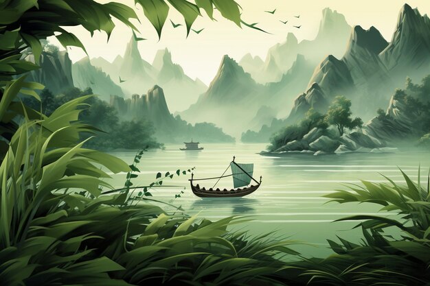 La course de bateaux dragons dans la rivière sur le festival des bateaux dragon avec des nuages et des montagnes