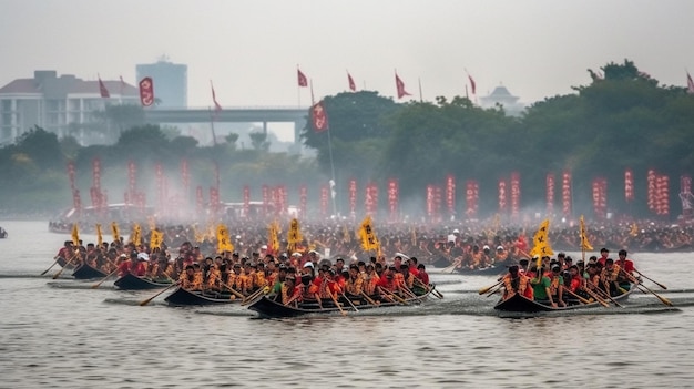 Une course de bateaux-dragons se tient au milieu de l'eau.