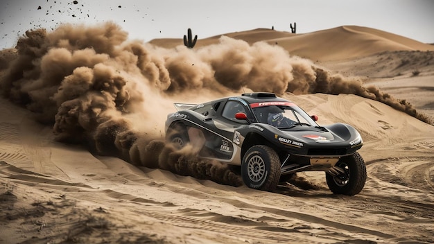 Photo la course dans le désert de sable, la compétition de course, le défi de la voiture du désert, les courses hors route avec des nuages de poussière.