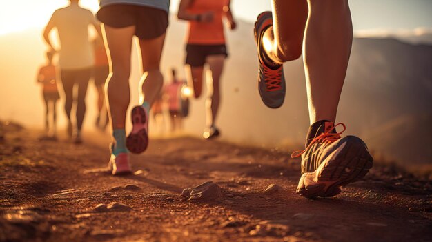 Photo course de jogging marathon personnes courant à la lumière du coucher du soleil gros plan jambes sport concept de bien-être