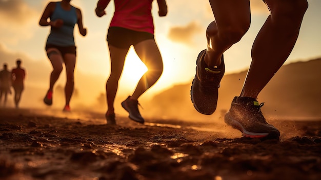 Course de jogging marathon personnes courant à la lumière du coucher du soleil gros plan jambes sport concept de bien-être