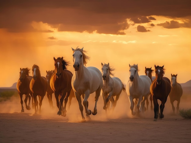 Course libre de chevaux dans la tempête du désert