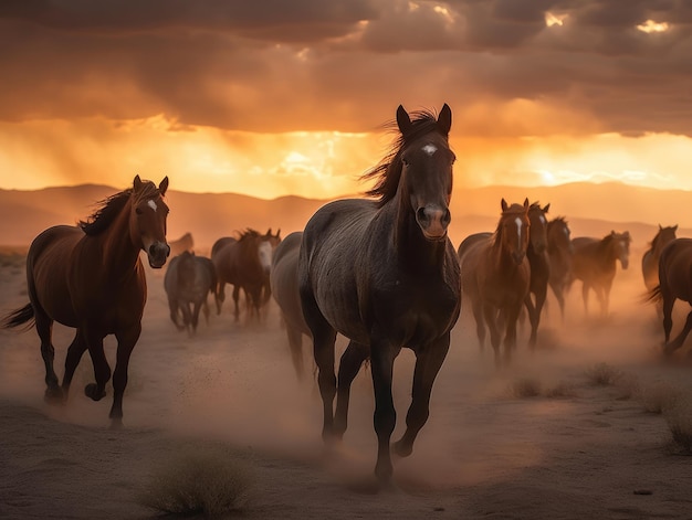 Course libre de chevaux dans la tempête du désert