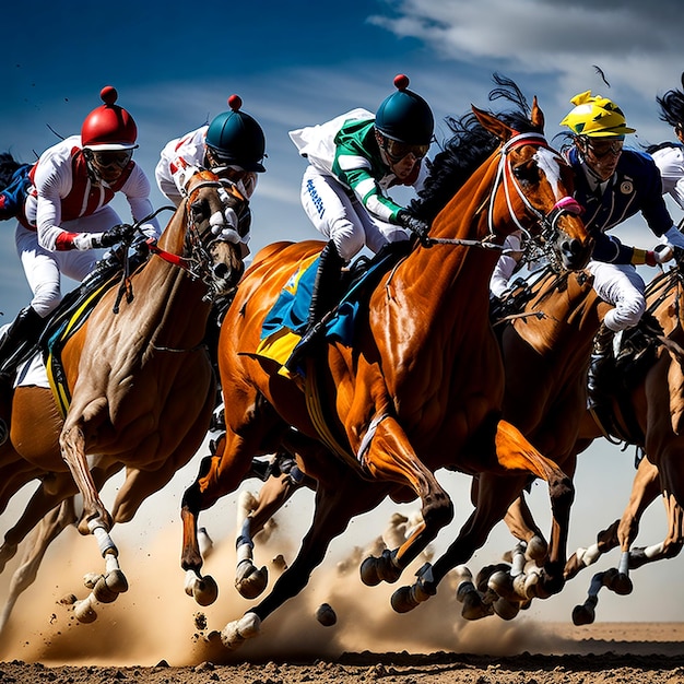 Une course passionnante se déroule alors que les jockeys sur leurs majestueux chevaux poussent jusqu'à la limite.