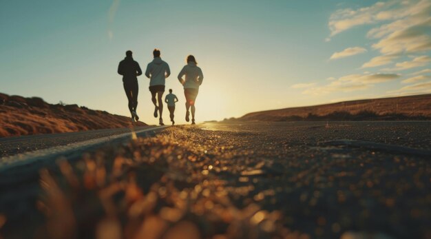 Courses de groupe et exercices d'athlètes sur une route ouverte pour l'entraînement à la compétition de marathon ou le jogging