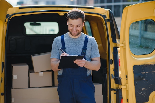 Le coursier a apporté la livraison de la boîte au client Employé du service de messagerie en uniforme