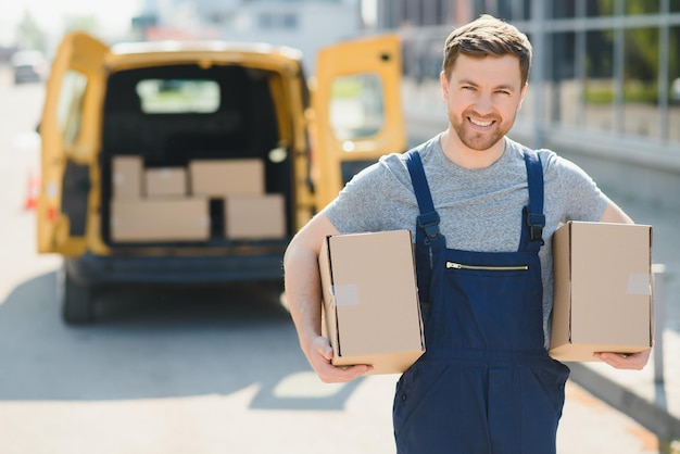 Le coursier a apporté la livraison de la boîte au client Employé du service de messagerie en uniforme