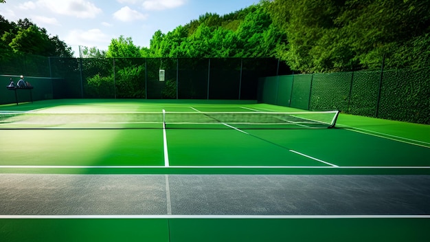 Un court de tennis avec une clôture et un panneau indiquant "tennis" dessus