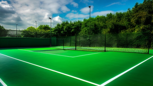 Un court de tennis avec une clôture verte et des arbres en arrière-plan.