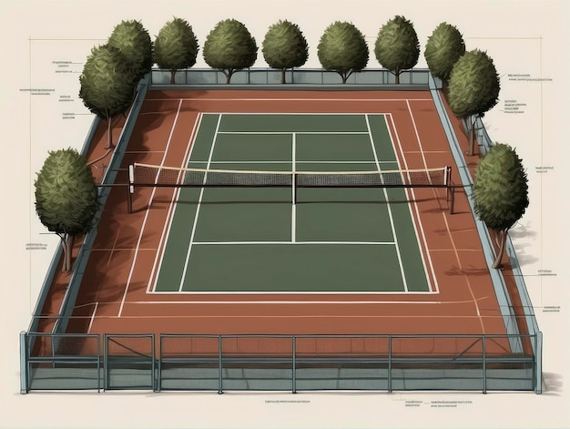 un court de tennis avec un filet et une ligne d'arbres sur le côté