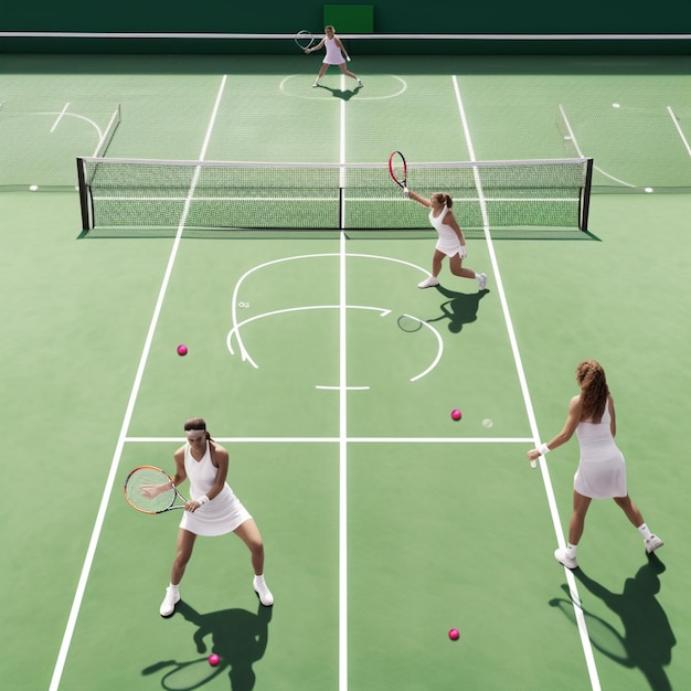 Un court de tennis avec un joueur portant une jupe blanche et une jupe blanche.