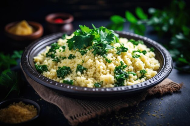 Couscous avec des épinards et du persil dans un bol en métal rustique