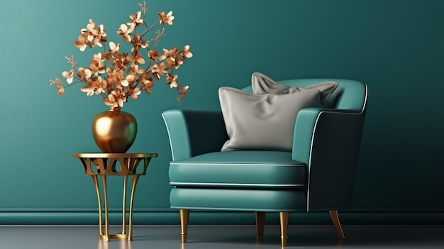 Coussin brun sur fauteuil bleu dans l'intérieur du salon vert avec des fleurs dans un vase en or