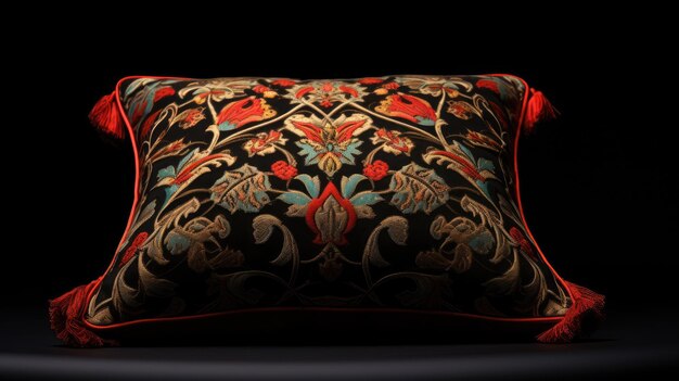 un coussin avec un motif rouge et noir dessus