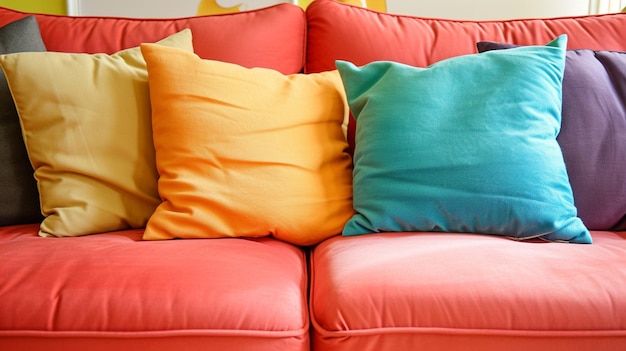 Photo coussin multicolore sur fond de canapé de couleur peach fuzz génératif ai