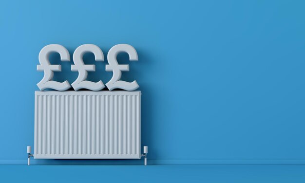 Coût du chauffage du symbole monétaire de la livre sterling à côté d'un radiateur de chauffage rendu d