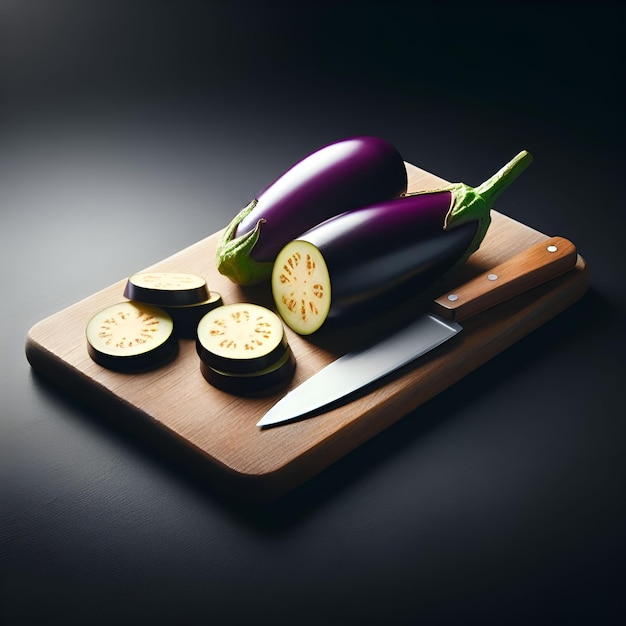 Un couteau et des aubergines tranchées sur une planche à couper avec un fond sombre