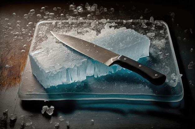 Photo un couteau de cuisine coupe la glace sur la planche generative ai