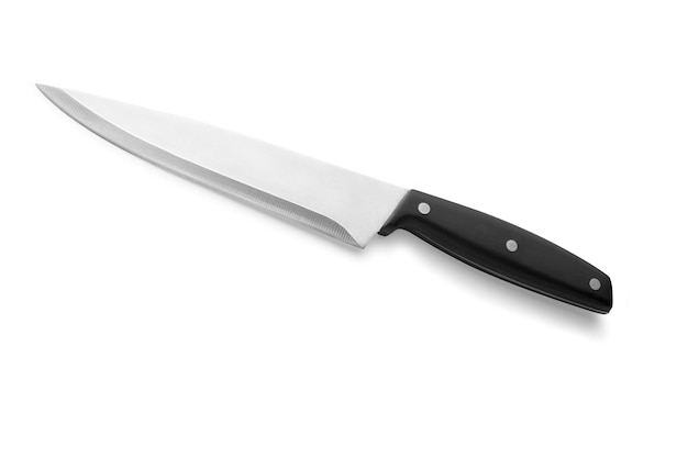 Couteau de cuisine du chef isolé sur fond blanc Couteau de cuisine de boucher Sharp en acier inoxydable avec manche en plastique noir