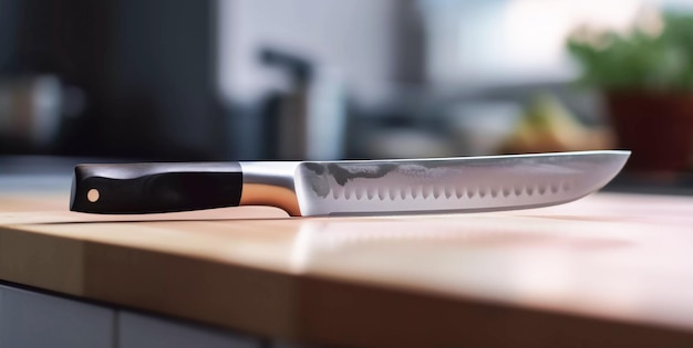 Le couteau de cuisine se trouve sur une table en bois