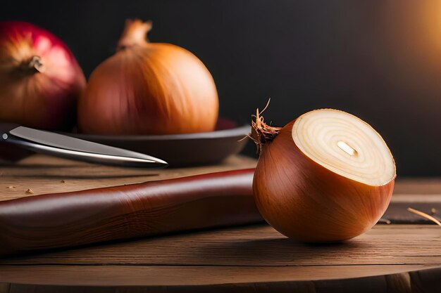 Un couteau est posé sur une table en bois à côté d'un oignon.